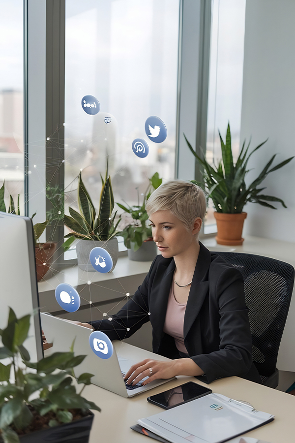 Une femme aux cheveux blonds courts travaille à son bureau, avec un ordinateur portable, dans un bureau moderne, entourée de plantes en pot. Des icônes de réseaux sociaux flottent au-dessus de son ordinateur, mettant en valeur son expertise en gestion des réseaux sociaux et en connectivité en ligne.