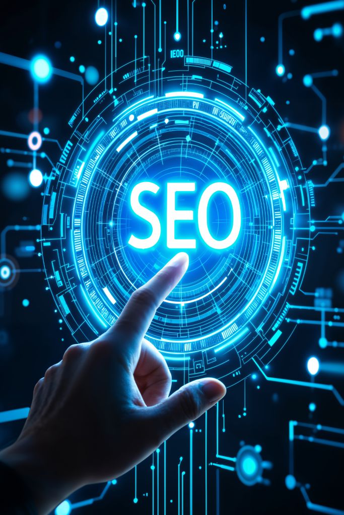 Une main pointe vers une interface numérique lumineuse avec le mot SEO en son centre, entouré de graphiques futuristes de type circuit bleu, d'éléments technologiques et de références subtiles à Gestion des Réseaux Sociaux.