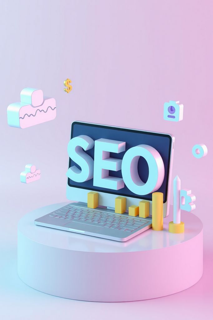 Un ordinateur portable affichant le mot SEO en grandes lettres 3D, entouré d'icônes flottantes, de graphiques à barres et de symboles Gestion des Réseaux Sociaux, sur une plate-forme ronde avec un fond dégradé pastel.
