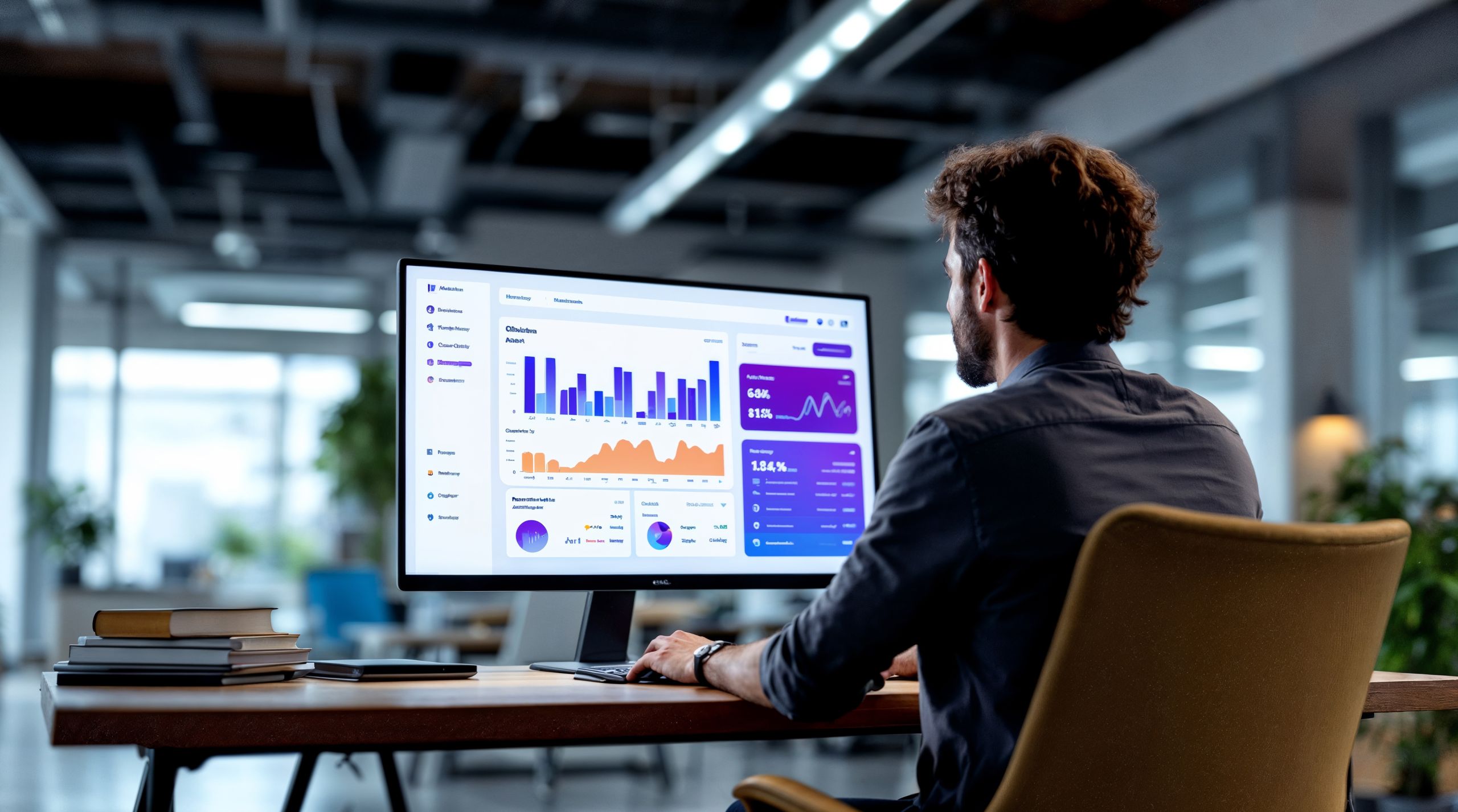 Une personne est assise à un bureau dans un bureau moderne, analysant des graphiques et des tableaux colorés sur un grand écran d'ordinateur affichant des tableaux de bord d'analyse de données pour une gestion efficace des réseaux sociaux.