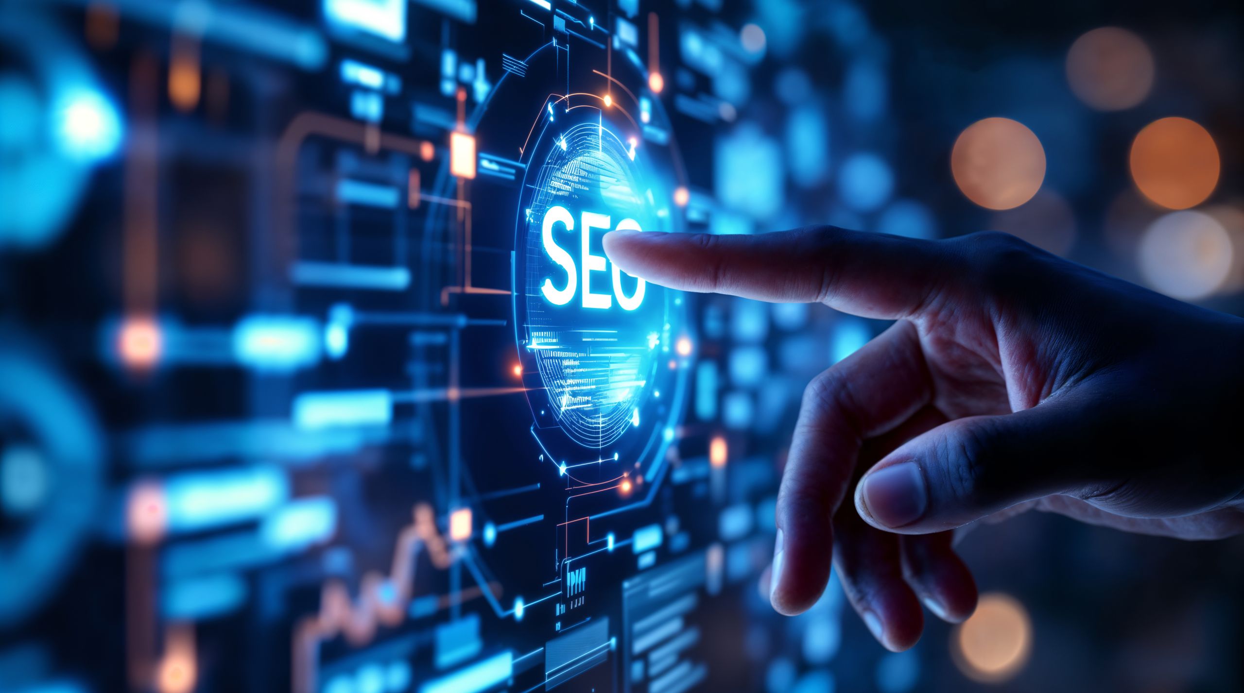 Une main se tend vers une interface numérique affichant le mot SEO et des graphismes futuristes, symbolisant une technologie avancée d'optimisation des moteurs de recherche et une gestion efficace des réseaux sociaux.