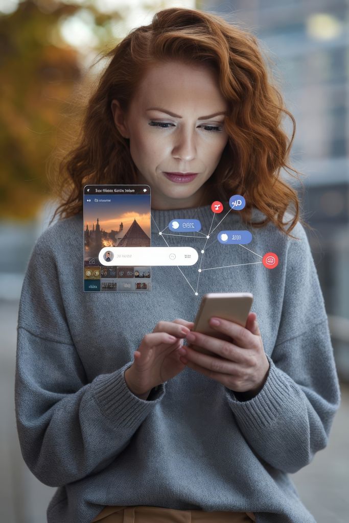 Une femme aux cheveux roux utilise un smartphone à l'extérieur, tandis que des icônes de médias sociaux numériques et une interface de partage de photos se superposent au-dessus de son appareil, mettant en évidence son expertise en gestion des réseaux sociaux et en interaction de contenu en ligne.