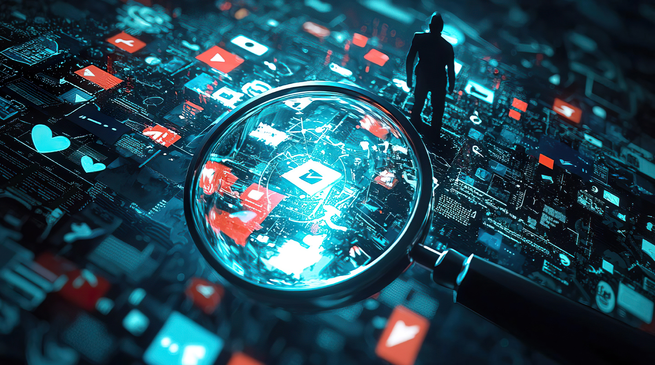 Une loupe plane au-dessus d'un paysage numérique rempli d'icônes de médias sociaux, tandis qu'une silhouette se dresse à l'arrière-plan, symbolisant l'analyse et la gestion des réseaux sociaux au sein du contenu en ligne et des réseaux numériques.