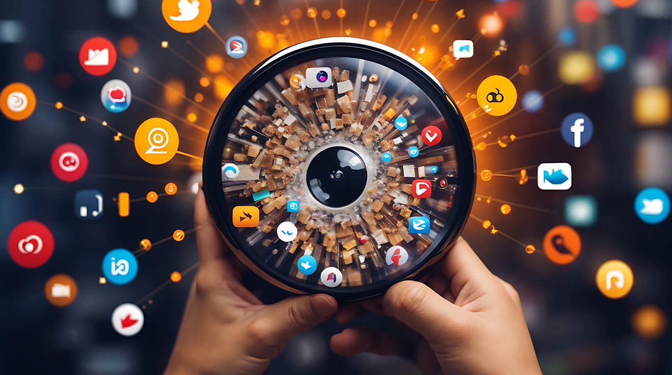 Une personne tient une lentille circulaire reflétant un paysage urbain, entouré d’icônes de médias sociaux flottantes, symbolisant la connectivité numérique, la communication en ligne et l’importance de la gestion des réseaux sociaux dans le monde connecté d’aujourd’hui.