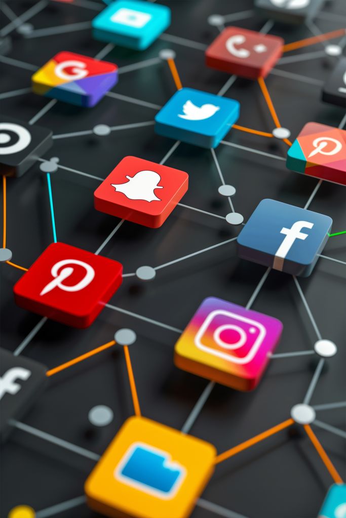 Les icônes rendues en 3D des applications de médias sociaux populaires sont reliées par des lignes et des nœuds sur un fond sombre, représentant visuellement la connectivité du réseau numérique et la gestion efficace des réseaux sociaux.
